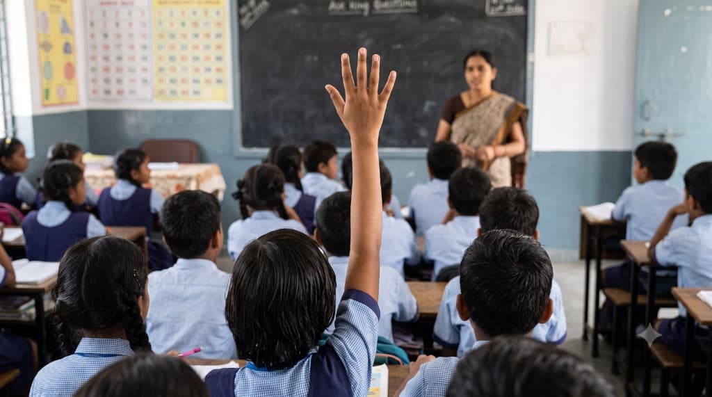 Student raising a hand in a classroom while a teacher stands at the board